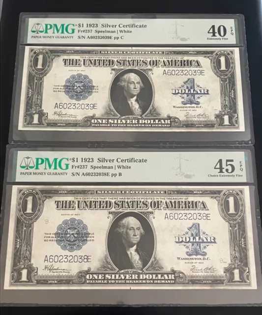 1923 $1 Silver Certificate CONSECUTIVE PAIR ONE DOLLAR Fr. 237 ~PMG 40 &45~EPQ~