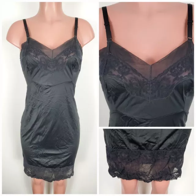 Vintage 80s Sexy Nylon Full Slip Nightgown Lace Bodice Size 34 Small Black Sissy 22 07 Picclick