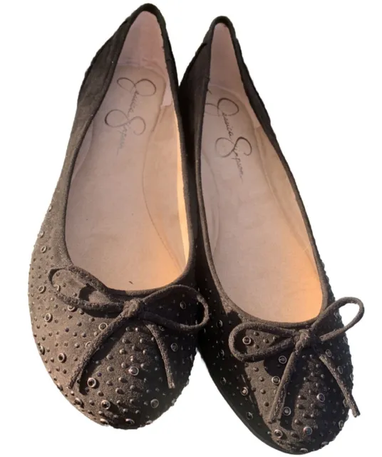 Jessica Simpson Ballet Flats Sz 8.5 Black Flats Rhinestones Bow Dress Shoes