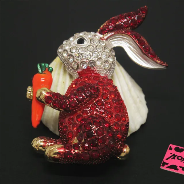 New Fashion Women Red Cute Rabbit Carrot Bling Crystal Charm Brooch Pin Gift