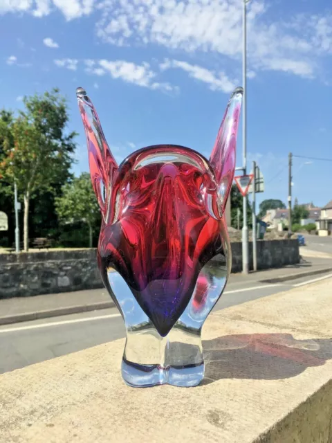 Large Heavy Pink Red Blue Czech Chribska Freeform Art Glass Vase Josef Hospodka