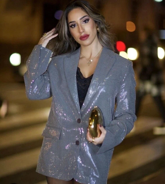 STUNNING ZARA GREY Straight Fit Sequin Blazer Jacket Dress - Medium -  Silver 49.99 - PicClick UK