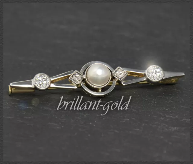 Diamant & Perlen Brosche, 585 Gold & Platin, Antik Handarbeit um 1900, Art Deco