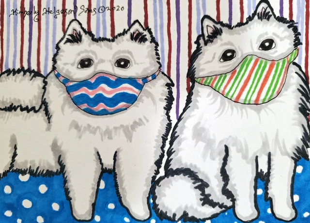 American Eskimo Dog in Quarantine 8 x 10 Art Print Signed by Artist KSams Masks