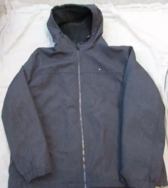 TOMMY HILFIGER mens XXL charcoal gray zip hooded sherpa lined soft shell jacket