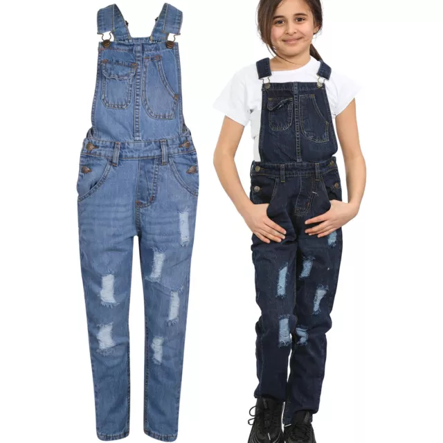 Kids Girls Denim Dungaree Full Length Ripped Jeans Pinafore Overall Jumpsuit