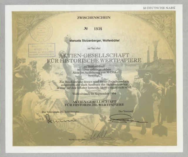 AG für Historische Papiere, Zwischenschein über 50 DM, Wolfenbüttel, Sept. 1994