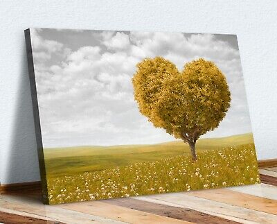 Yellow Heart Shaped Tree Leaves Black White Canvas Wall Art Picture Print