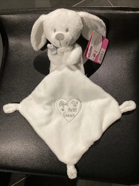 Neuf - Peluche doudou mouchoir lapin blanc mon petit cœur pommette gris oiseau￼
