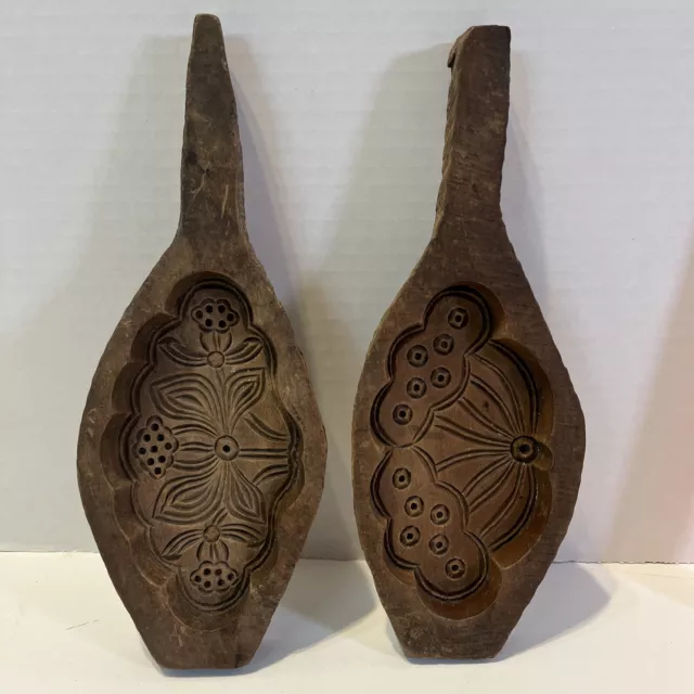 Antique Hand Carved Wood  Cookie Mold Flowers Primitive Vintage Set/2 Handmade