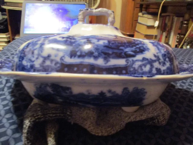 Antique Flow Blue Covered Vegetable Dish Fairy Villas by Adams Ironstone England