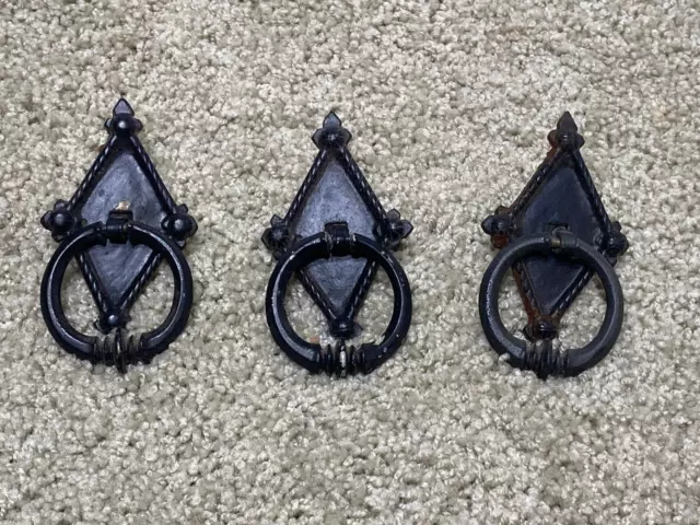 Lot of 3 Antique Ornate Diamond Brass Cabinet Dresser Drawer Handle Pulls