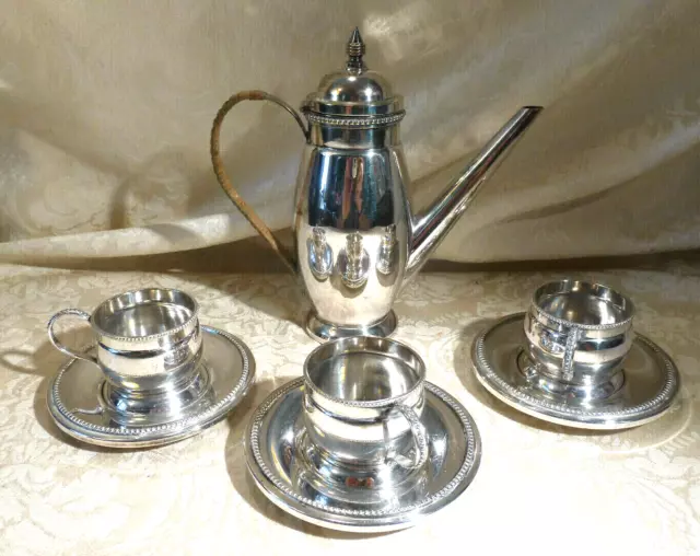 Jugenstil WMF German Silver Plate Coffee Tea for 3 Demitasse Pot, Cups & Saucers