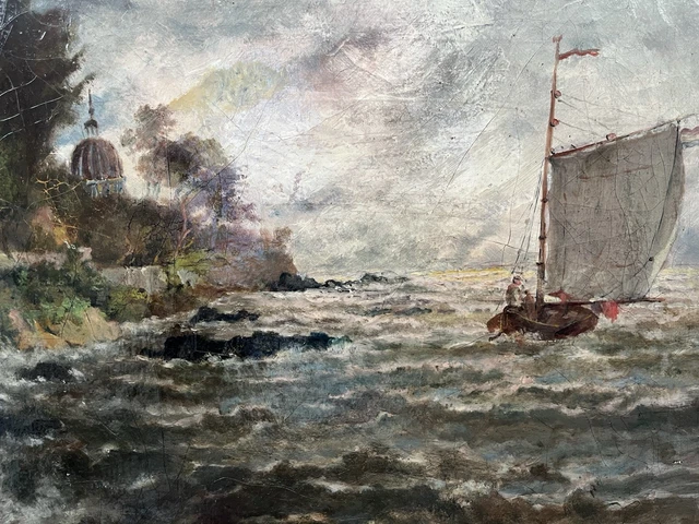 TABLEAU ANCIEN HST marine voilier sur mer formée impressionisme signé ...