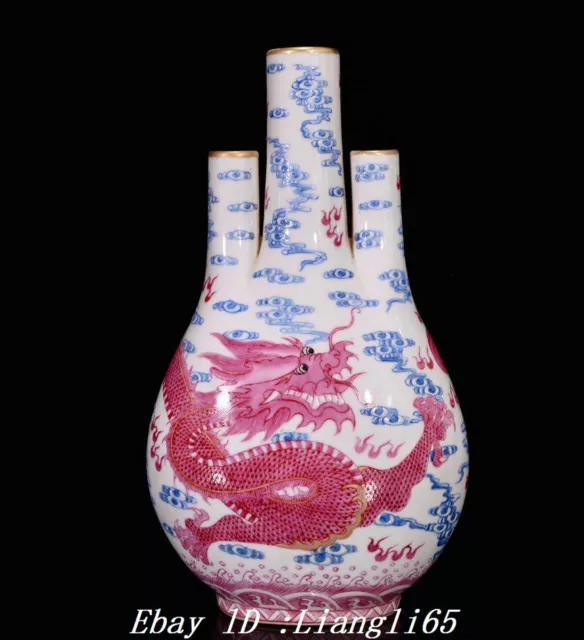 11" Blaue weiße Karmin Porzellan vergoldete Drachen Muster Flasche Vase