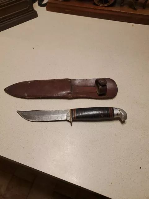Vintage Western Boulder  L66 Stacked Leather Fixed Blade Hunting Knife W/ Sheath