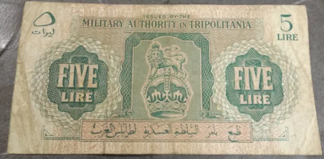 Libya Military Authority In Tripolitania 5 Lire Bank Note Crisp But Used Grubby