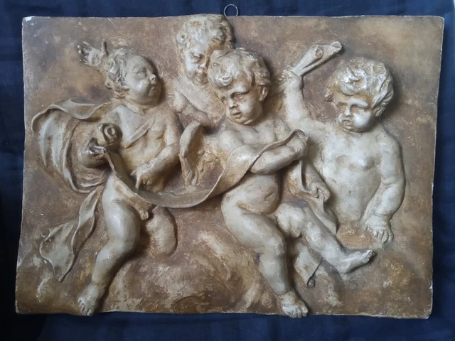 Bas-relief Anges Patiné Gris - Staff - 39x48cm - Sculpture Deco - Neuf