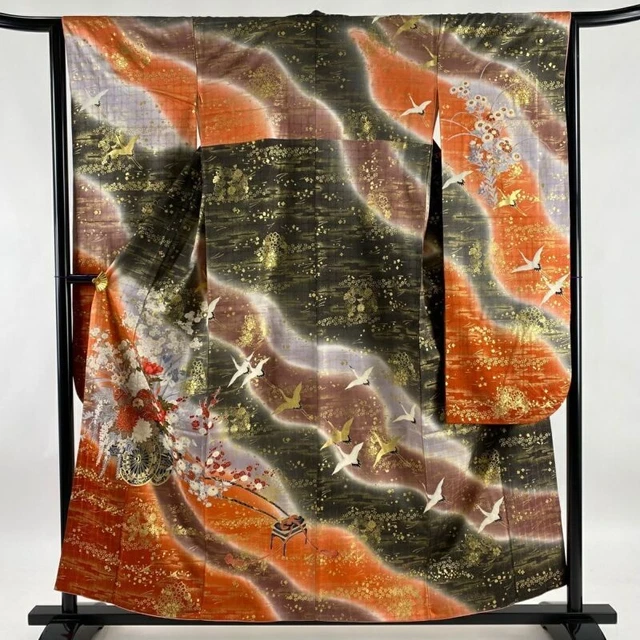 Woman Japanese Kimono Furisode Silk Flower Cart Crane Gold Foil Vermilion