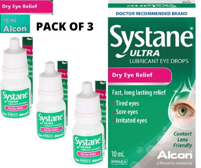 Systane Ultra Gleitgel Augentropfen für Trockene Auge Linderung 10ml Pack 3