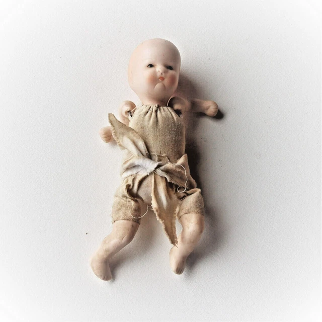Antique Mini Bisquit Bisque Porcelain 4 1/2" Cloth Body Baby Doll 2