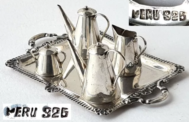 Kinder Set Tablett Zucker-Dose Sahne-Kanne Teekanne Kaffeekanne Peru Silber P125