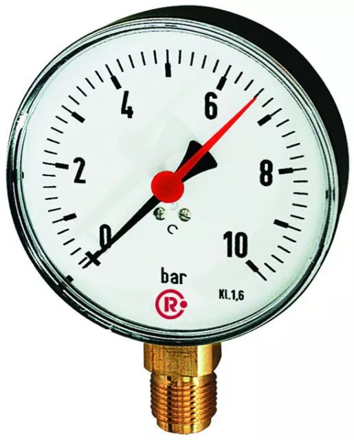 RIEGLER Standardmanometer Anschluss radial unten 160 mm, G1/2 Stahlblech, 0-6 ba