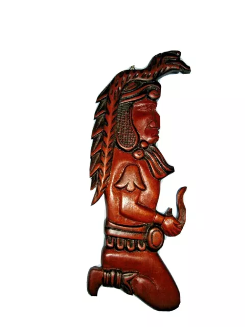 Mayan Sun God? Wooden Carved Wall Hanging Snake on Head Honduras MCM Decor 15x5