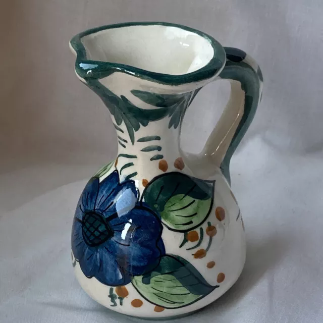 Vintage Hand Painted Tenerife Pottery Blue Green Floral Small Pitcher Jug