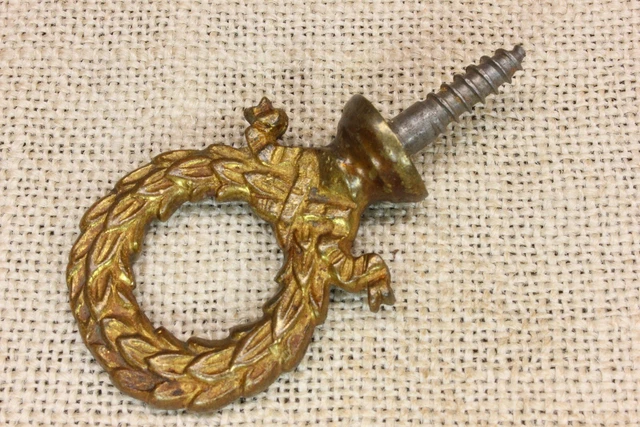 old Plant Hook Wreath Ring Ceiling Bird Cage Hanger rustic tarnished BRASS 3