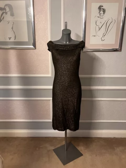TED BAKER BLACK and gold dress Size 3 metallic 10 midi Bardot stretch bodycon 26.00 PicClick UK