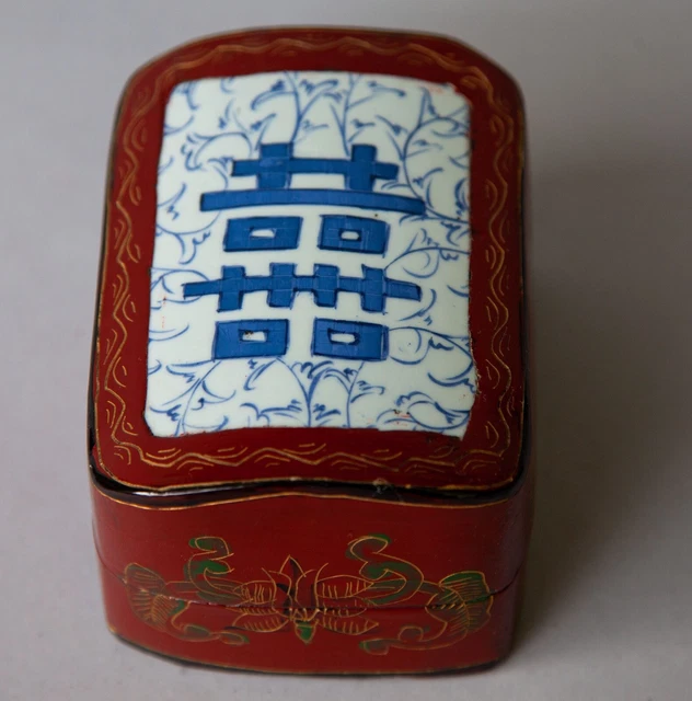 Chinese Laquered Lidded Trinket Box Porcelain Happiness Inlay Hand Painted