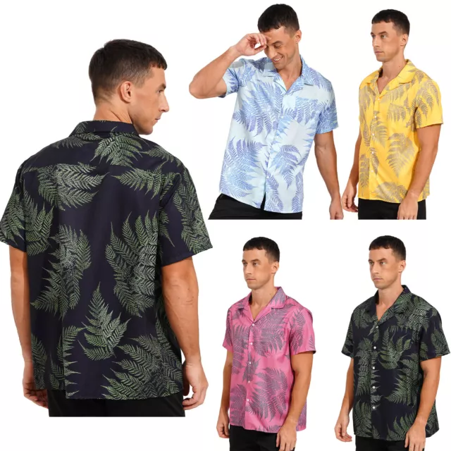 Mens Casual Leaf Print Hawaiian Shirt Short Sleeve Button Down T-shirt Tops