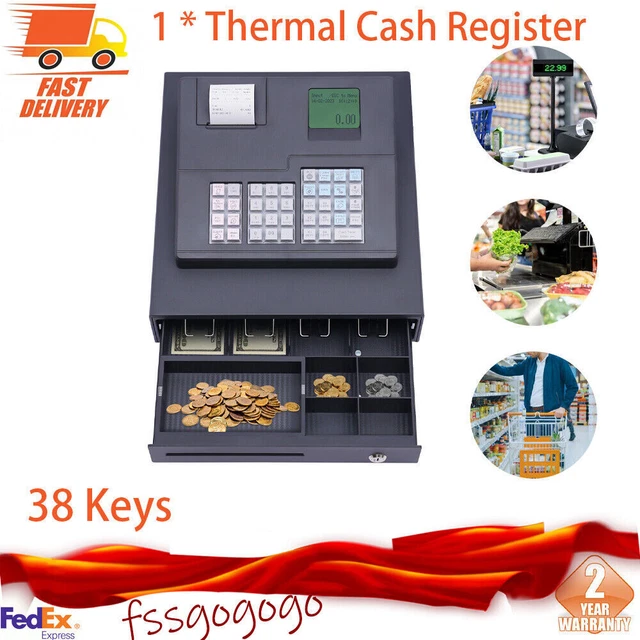 38 Keys Electronic Cash Register Black Thermal Cash Register with Cash Drawer