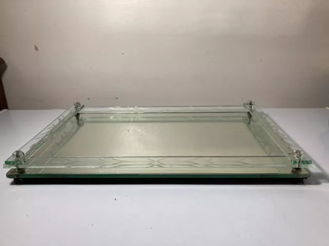 Vintage large rectangular vanity mirror tray with rails.   Etched glass 9 x 14"