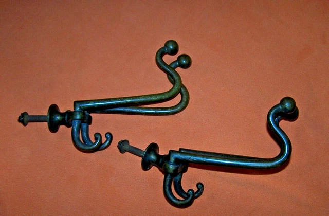 2 Brass Coat Hat Hooks Antique Swivel Doubles