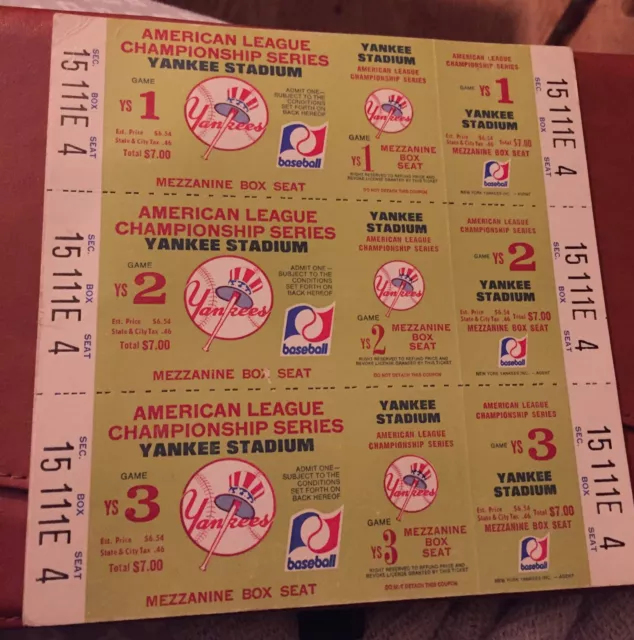 1970 ALCS GAMES  1 2 3  NEW YORK YANKEES  FULL TICKET Blocks