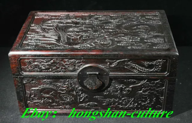 Ancienne boîte à bijoux en bois de palissandre sculpté dragon motif phénix