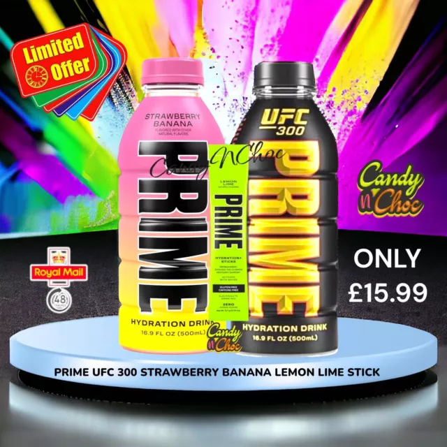 Prime Hydration UFC 300 & Prime  Strawberry Banana & Stick IN HAND USA Import