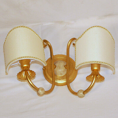 Applique Lampada Da Parete Art.560 Foglia Oro Paralume Ventolina Barocco Liberty