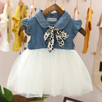 Toddler Kids Baby Girls Leopard Bow Denim Dress Tulle Princess Outfits Clothes
