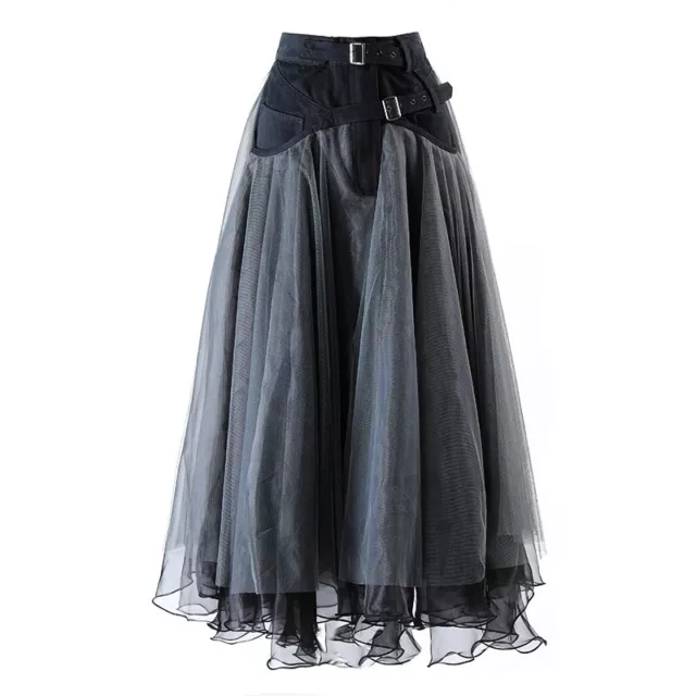 Donna Jeans Rete Gonna Pizzo Giuntura Midi Vita Alta a-Line Plissettato Fronzoli