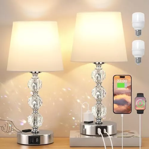 Veilleuse Touch dimmable, lampe de chevet, lot de 2 avec 2 ampoules, 2  connexions USB