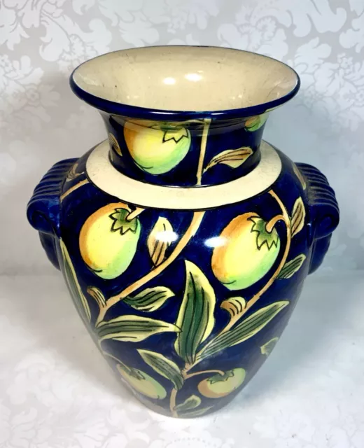 Italian Majolica Cobalt Blue Porcelain Vase W/ Lemon Design Hand Painted