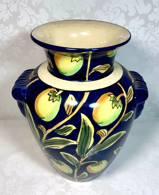 Italian Majolica Cobalt Blue Porcelain Vase W/ Lemon Design Hand Painted