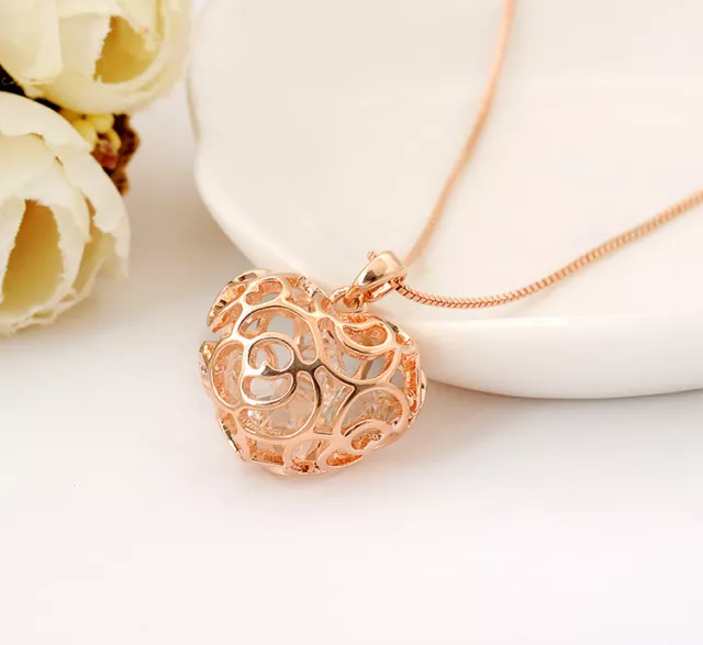 New Womens 18K Rose Gold GF Filigree Crystal Heart Locket Charm Pendant Necklace