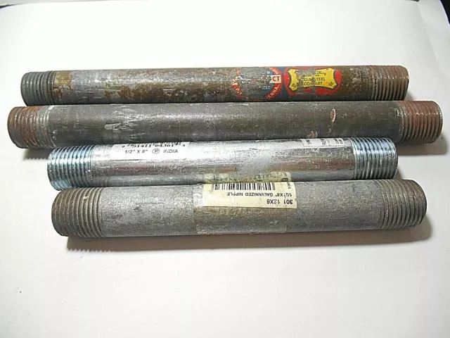 Lot Of 4 Assorted Galvanized Steel 1/2" Pipe Nipples