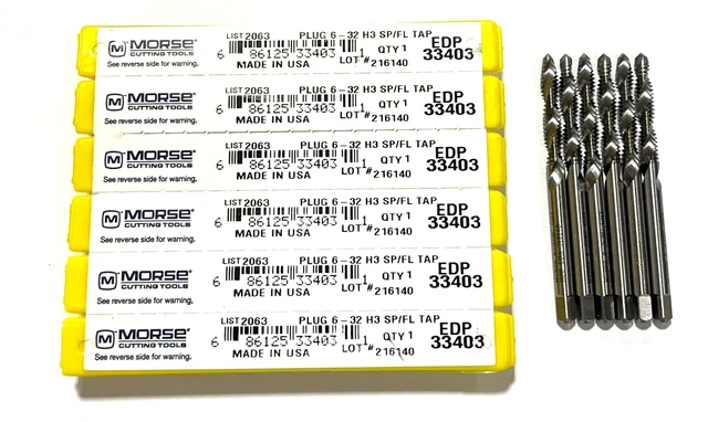 Morse 6-32 Tap HSS Spiral Flute Plug Taps H3 2 Flute 6 Pack USA Made