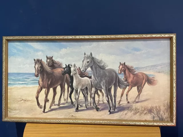 Vintage Retro Print “Mares & Foals” Horses Running Framed