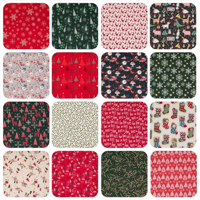 100% Cotone Tessuto Natale RENNA STELLA ALBERO DI NATALE ROSSO VERDE ORO Materiale